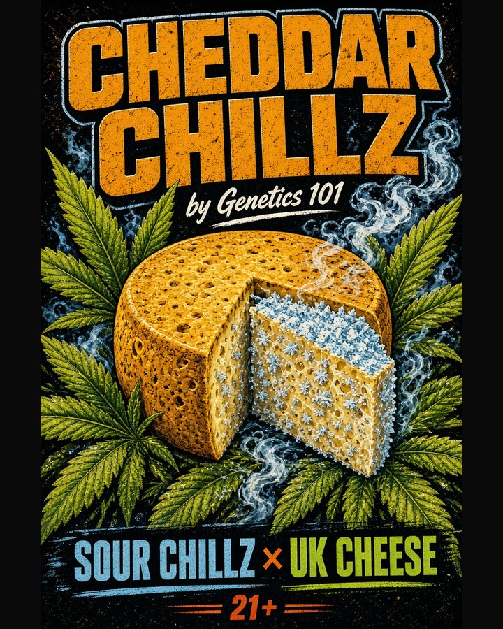 Cheddar Chillz cover art by Genetics 101, Sour Chillz crossed with UK Cheese