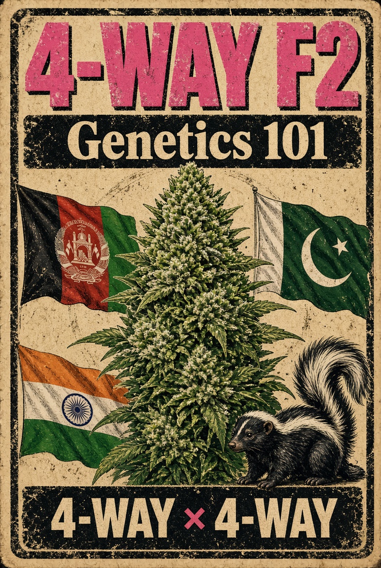 4-Way F2 cover art by Genetics 101, Afghani crossed with Pakistani, Indian, and Skunk #1
