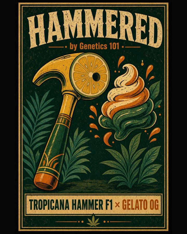 Hammered cover art by Genetics 101, Tropicana Hammer crossed with Gelat.OG auto