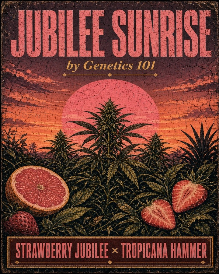 Jubilee Sunrise cover art by Genetics 101, Strawberry Jubilee male crossed to Tropicana Hammer
