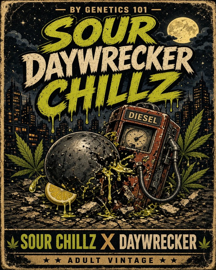Sour Daywrecker Chillz cover art by Genetics 101, Sour Chillz crossed with Daywrecker