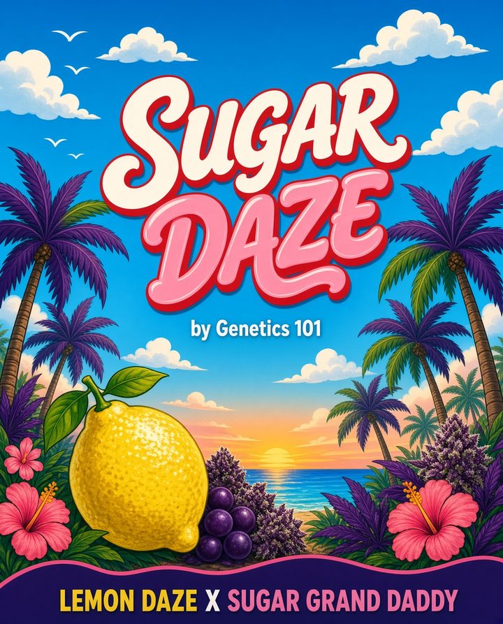 Sugar Daze cover art by Genetics 101, Lemon Daze crossed with Sugar Grand Daddy